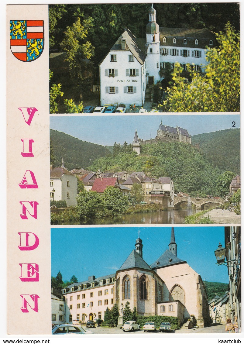 Vianden - Hotel De Ville, Vue Pittoresque, Eglise Des Trinitaires : VOLVO AMAZON, VW 1200, FORD TAUNUS TC1, ESCORT - Vianden