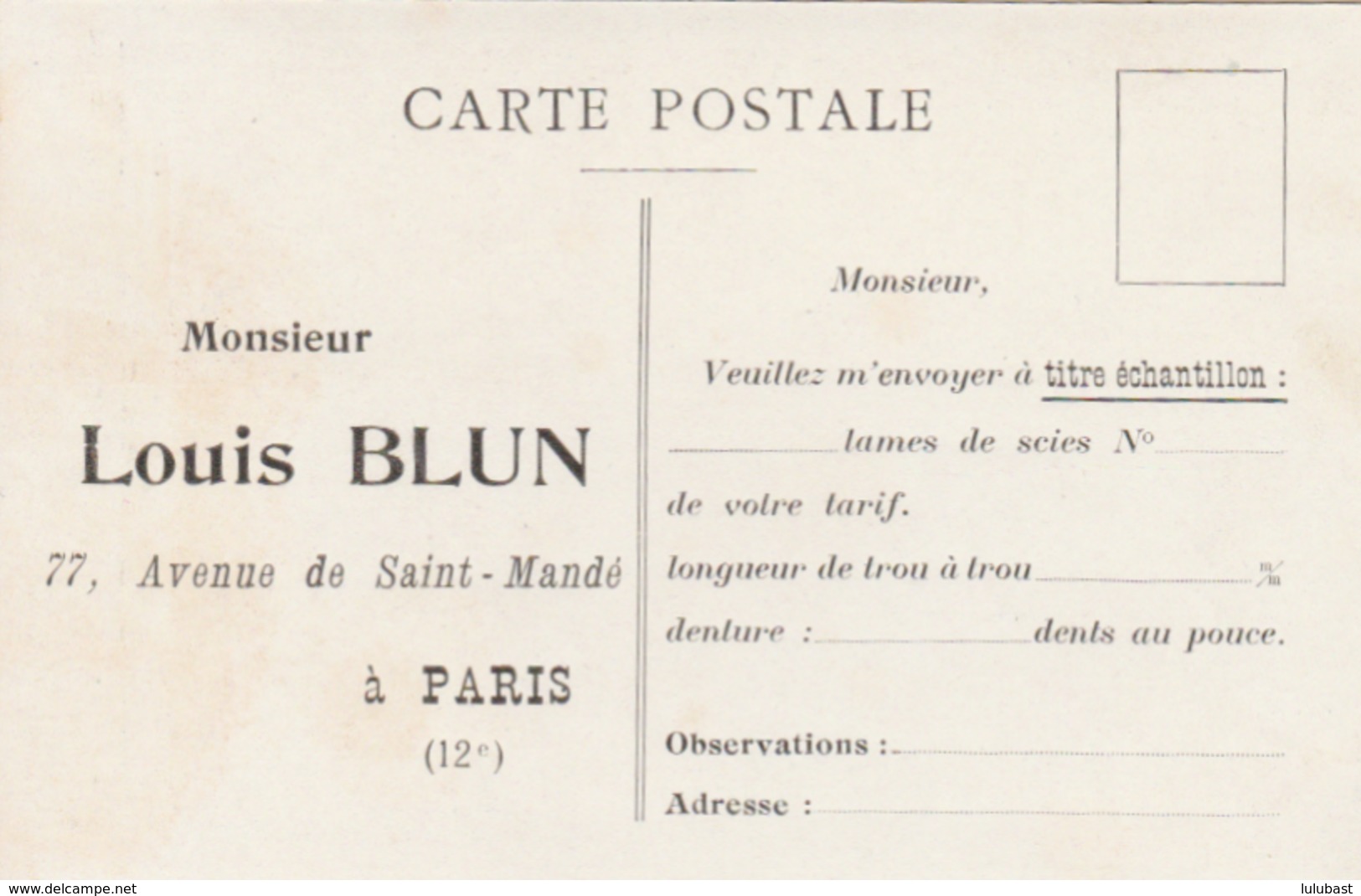 Superbe Pub. Des Scies à Métaux DURAX - Louis BLUN, 77 Av. De St. Mandé - Paris 12è. - Advertising