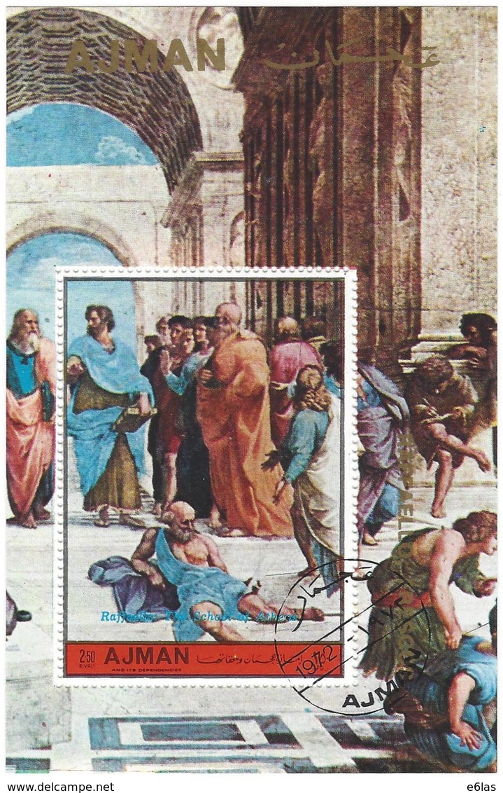 Ajman 1972 Miniature Sheet Raphael Fresco Vatican Italy School Of Athens Vinci Plato Perforated CTO - Ajman