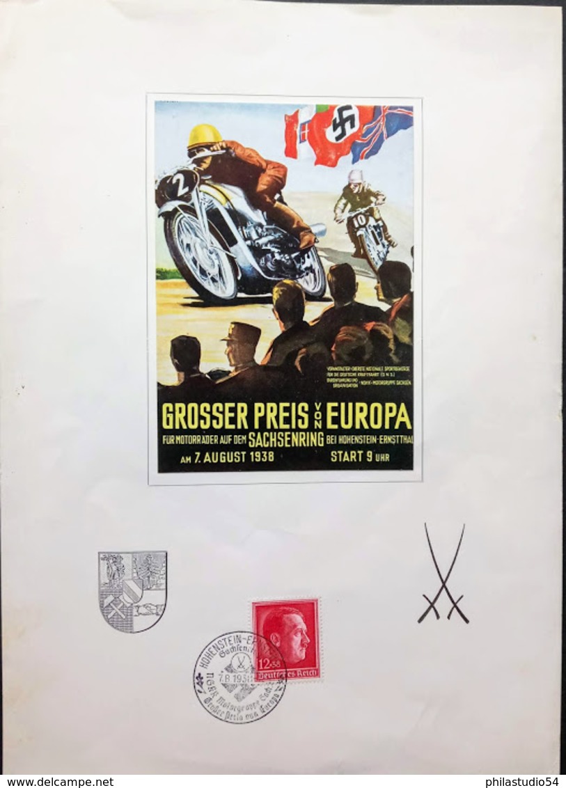 1938: Seltene Farbkarte Zum Grossen Preis Von Europa Am Sachsenring Auf A4 Blatt Mit Meissener Schwertern Und 12 Pfg. Hi - Motorräder