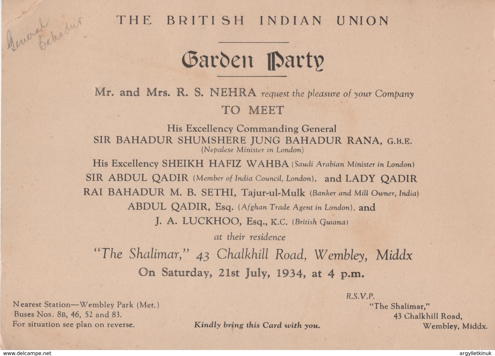 BRITISH INDIAN UNION NEPAL SAUDI ARABIA AFGHANISTAN 1934 WEMBLEY - Tickets - Vouchers