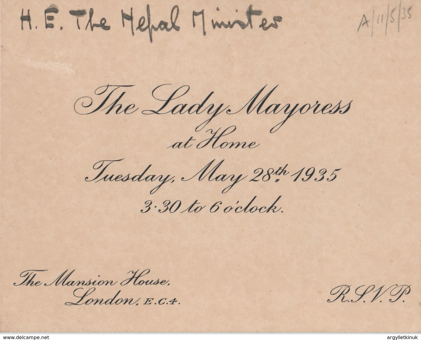 LORD MAYOR OF LONDON NEPALESE AMBASSADOR MANSION HOUSE 1935 - Tickets - Entradas