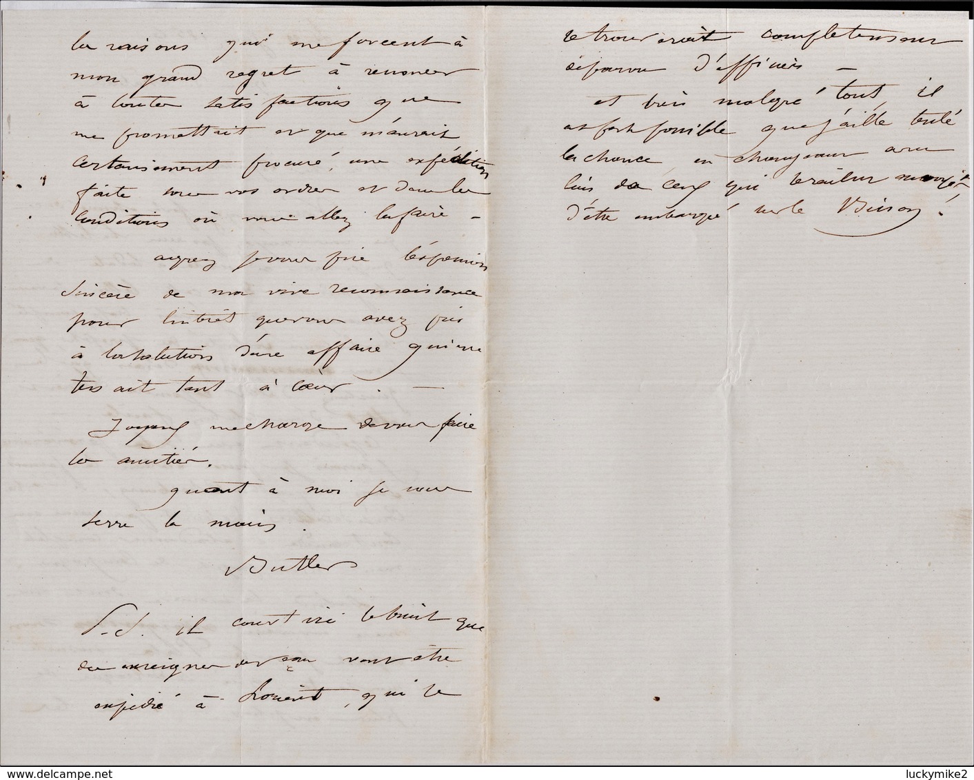 Une Lettre De 1856 De "Butler' à Bord Du Navire De Guerre «Bisson», Au Capitaine Mouches..   Ref 0537 - Other & Unclassified