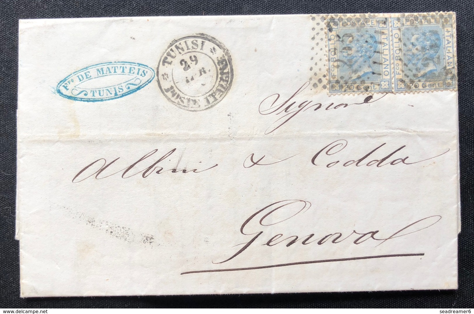 Italie Levant 1868 20c Bleu X2  De TUNISI Pour Genova Par La Voie Maritime Italienne Superbe ! - General Issues