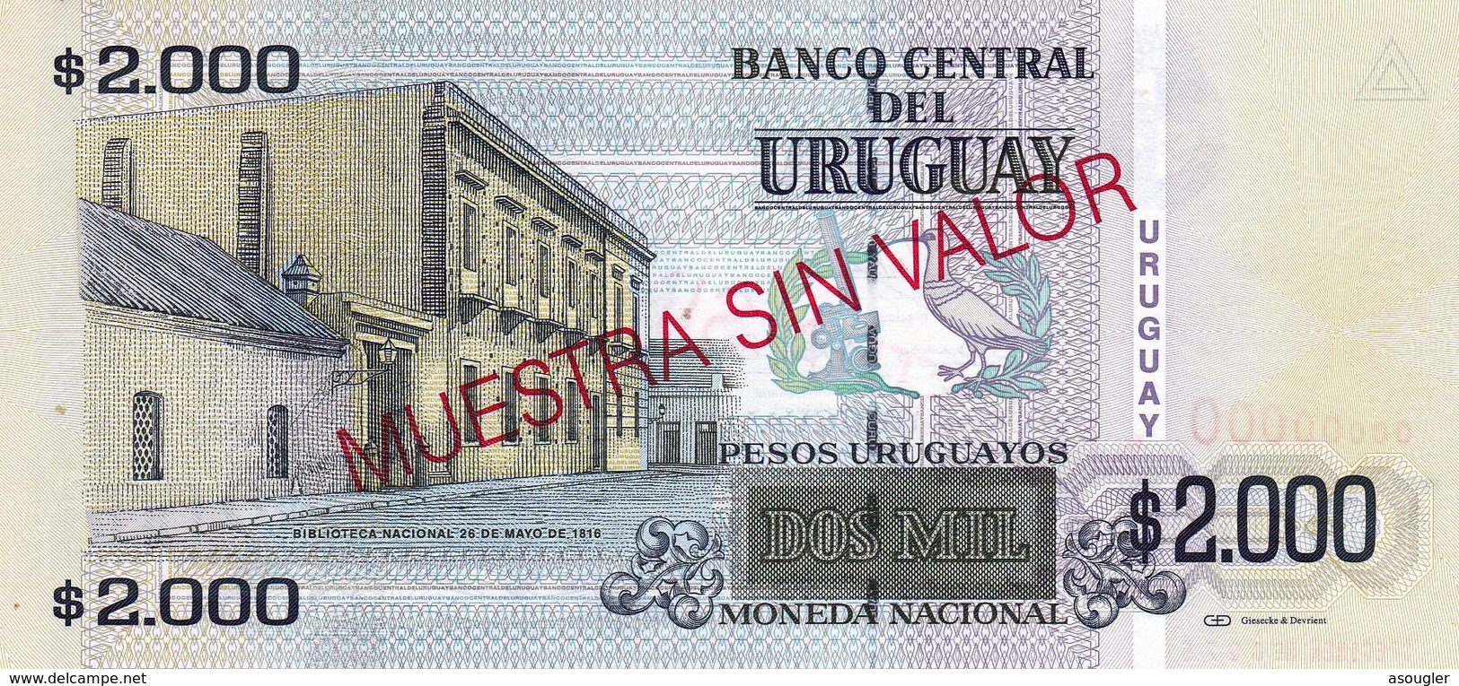 URUGUAY 2000 PESOS 2003 SPECIMEN UNC P-92s (free Shipping Via Registered Air Mail) - Uruguay