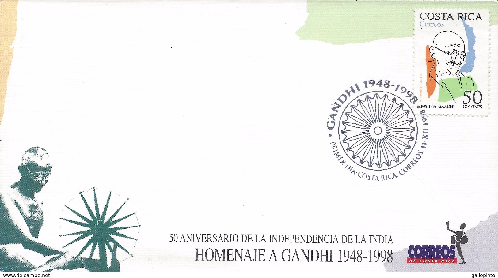 COSTA RICA GANDHI, 50th ANNIVERSARY INDEPENDENCE Of INDIA Sc 520 FDC 1998 - Costa Rica