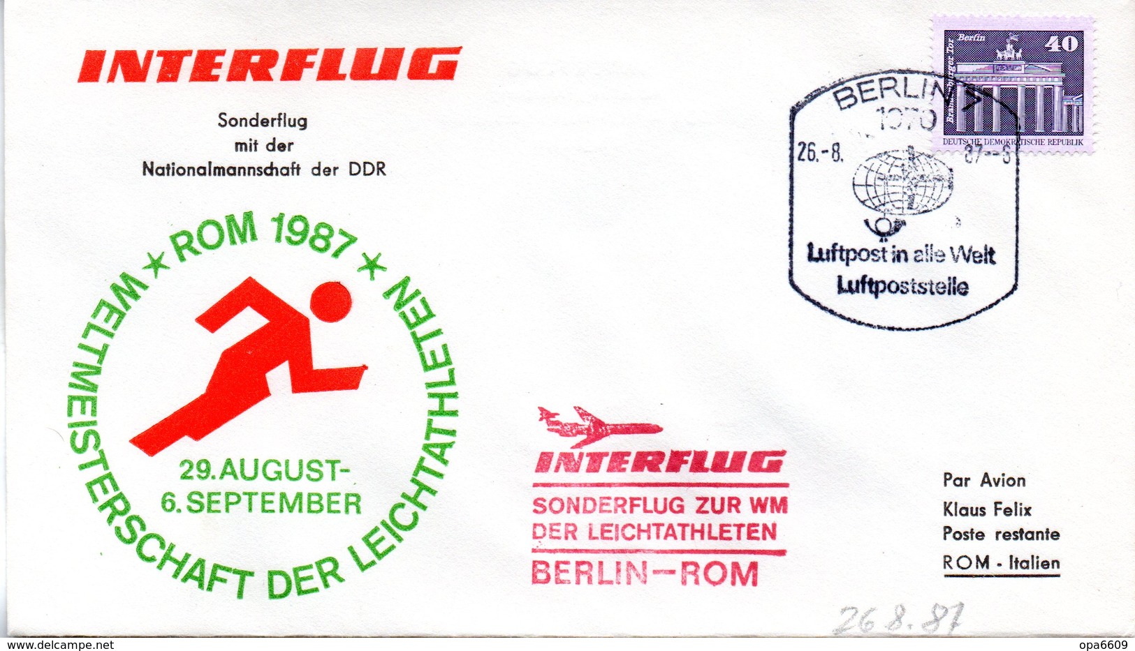 (DDR-B2) DDR Sonderumschlag  "INTERFLUG Weltmeisterschaften Der Leichtathleten Rom 1987" EF Mi 2541 SSt 26.8.1987 BERLIN - Briefe U. Dokumente