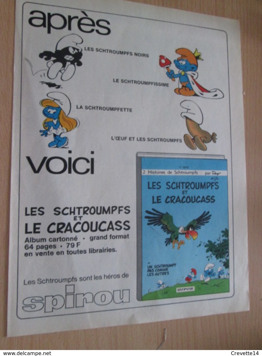 CLI518 : Pour Fans De SCHTROUMPFS : Page PUB A4 Spirou Années 60/70 Avec Nouvel Album Paru - Schtroumpfs, Les - Los Pitufos