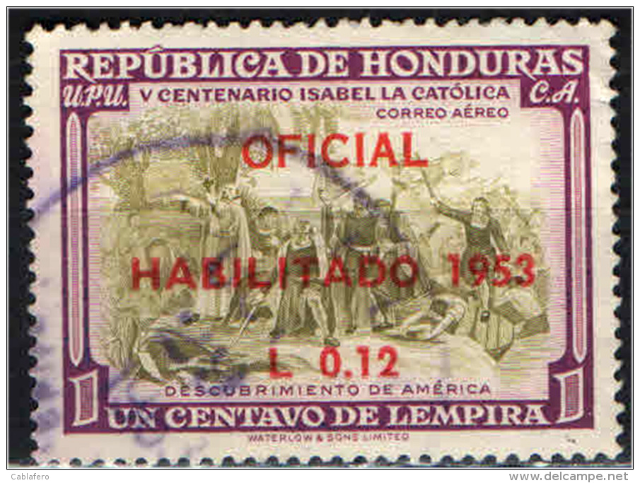 HONDURAS - 1953 - SCOPERTA DELL'AMERICA CON SOVRASTAMPA - OVERPRINTED IN RED - USATO - Honduras