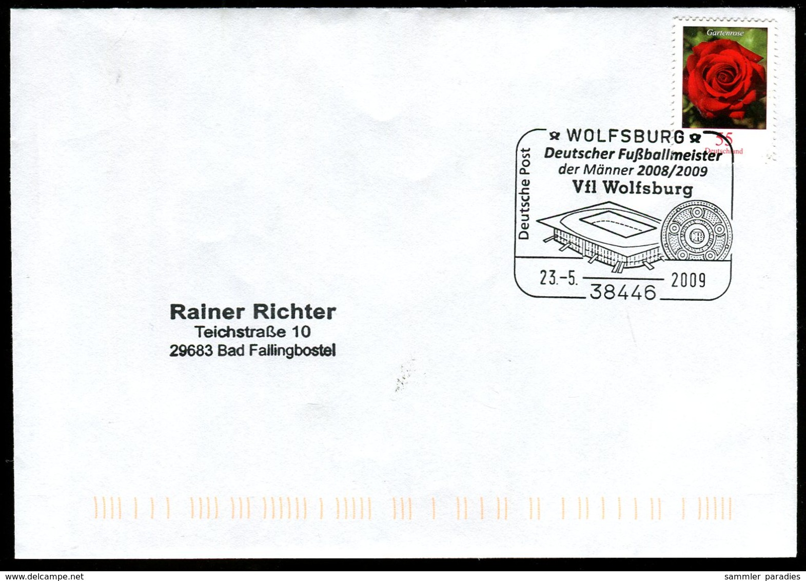 41076) BRD - Brief - SoST 38446 WOLFSBURG Vom 23.05.2009 - Fußballmeister Der Männer Vfl Wolfsburg - Maschinenstempel (EMA)