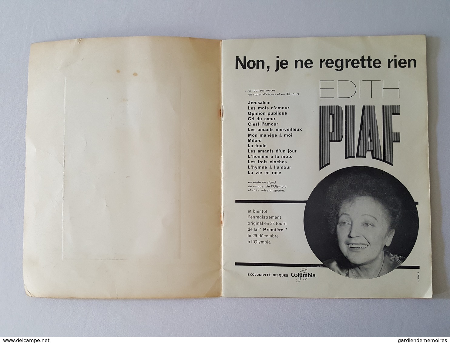 Edith Piaf - Programme Avec Une Véritable Photo En Couverture - Olympia - Claude Vega, Accordéon Marc Bonel, Rivgauche - Programmes