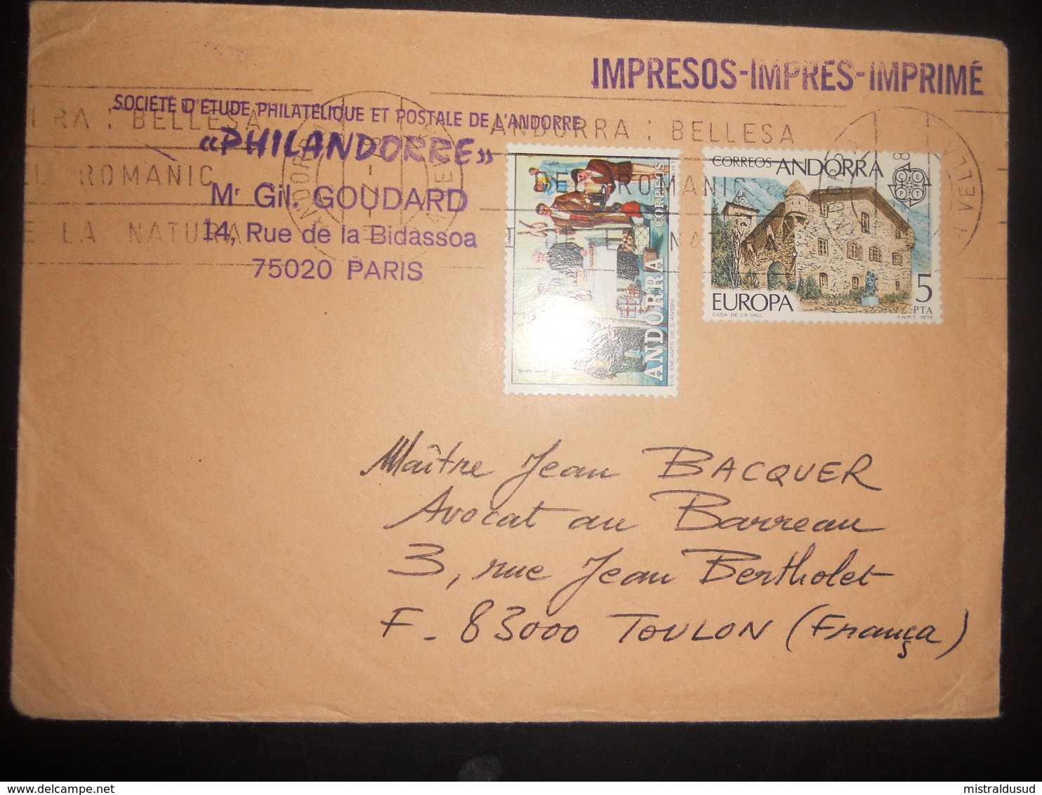 Andorre Espagnol , Lettre D Andorra-la-vella 1978 Pour Toulon - Cartas & Documentos