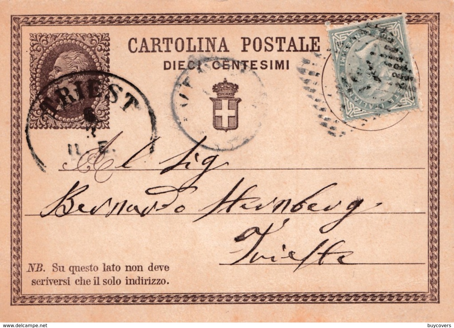 R300 - 5 Marzo 1878 - Cartolina Postale Da Cent. 10 Da Ravenna A Trieste Con Aggiunta Di Cent. 5 DLR - Entero Postal