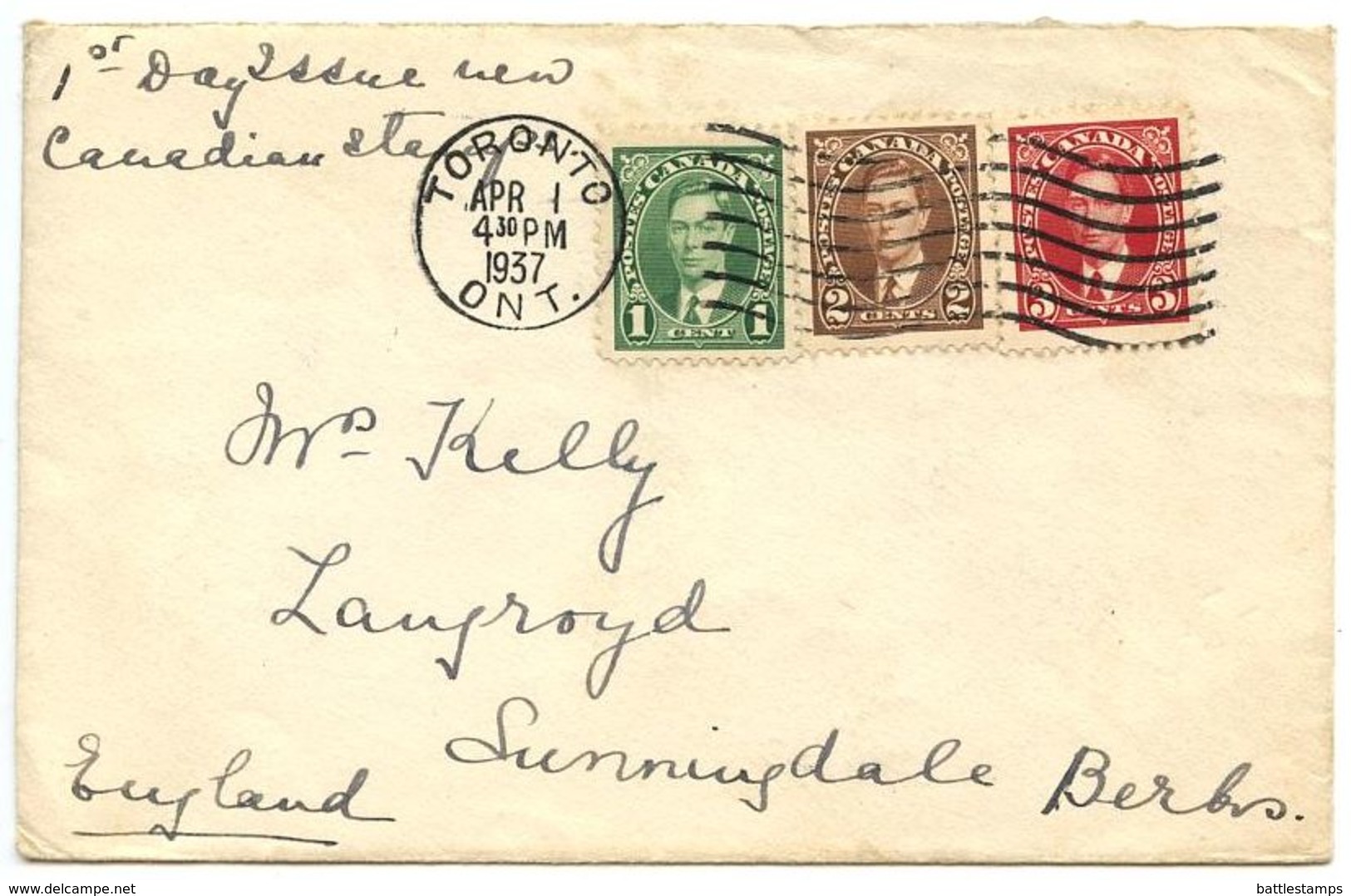 Canada 1937 FDC Scott 231-233 KGVI Toronto To Sunningdale England - ....-1951