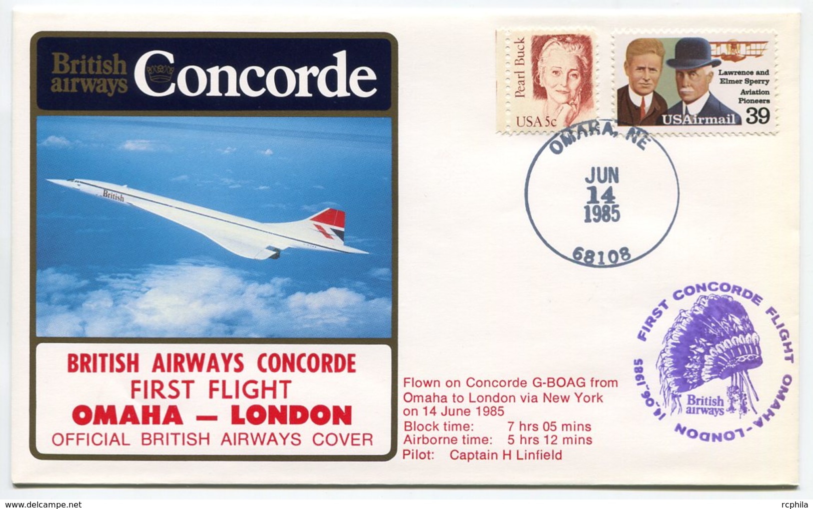 RC 9418 CONCORDE 1985 1er VOL BRITISH AIRWAYS OMAHA - LONDON USA FFC LETTRE COVER - Concorde