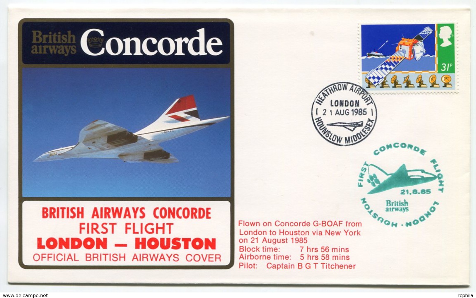 RC 9420 CONCORDE 1985 1er VOL BRITISH AIRWAYS LONDON - HOUSTON USA FFC LETTRE COVER - Concorde