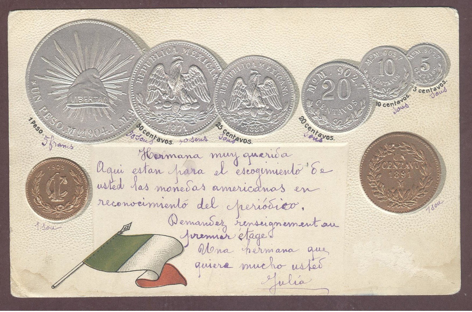 Monnaie Mexicaine Moneda Mexicana  Mexique  México Carte Postale Gaufrée  Postal En Relieve  Année 1905  Año 1905 - Mexique