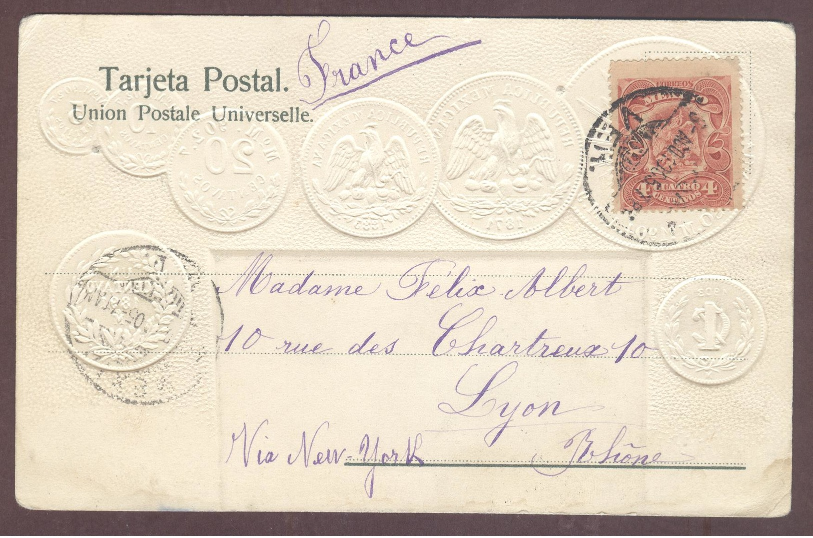 Monnaie Mexicaine Moneda Mexicana  Mexique  México Carte Postale Gaufrée  Postal En Relieve  Année 1905  Año 1905 - Mexique