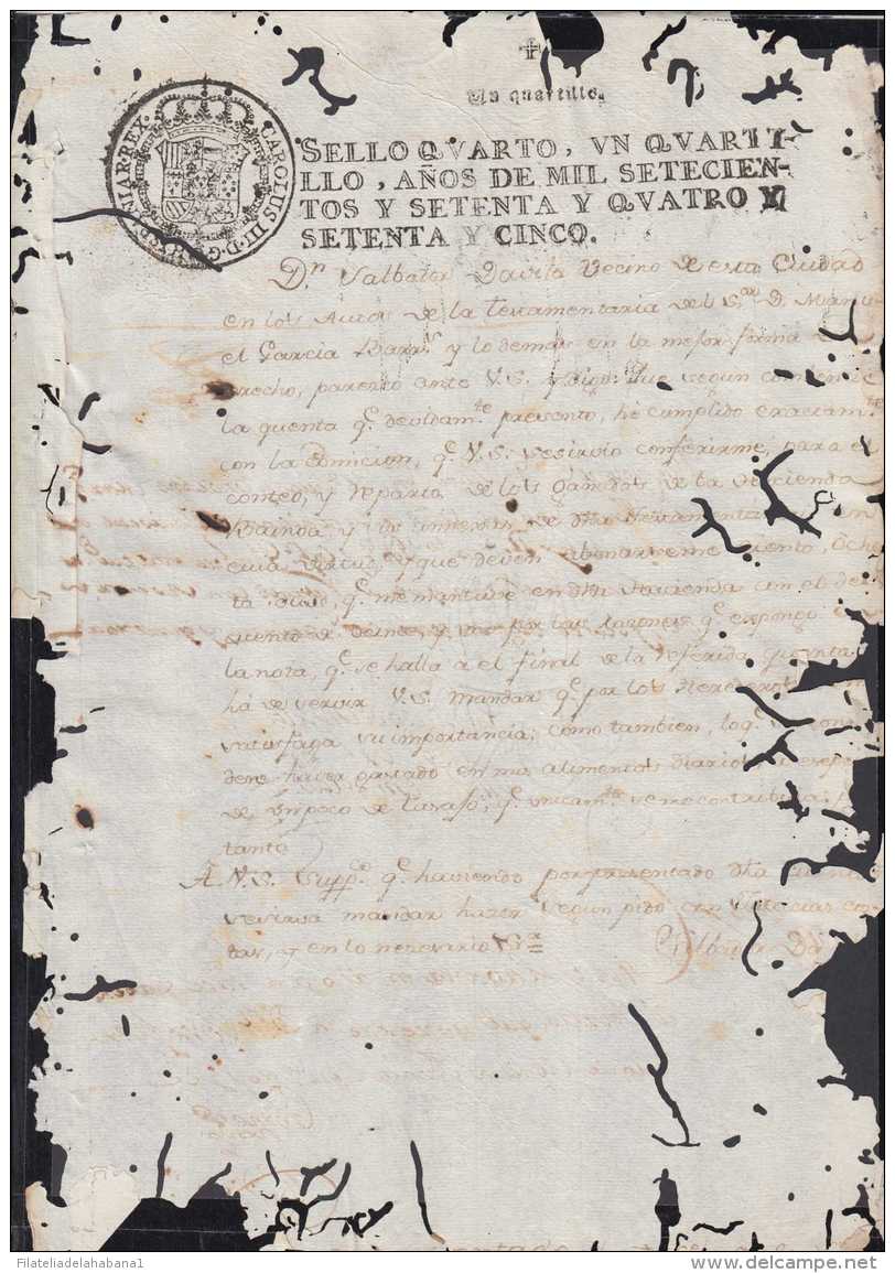 1774-PS-10 BX152 CUBA ANTILLES SPAIN ESPAÑA PAPEL SELLADO 1774-75 SELLO 4to REVENUE PAPER - Portomarken