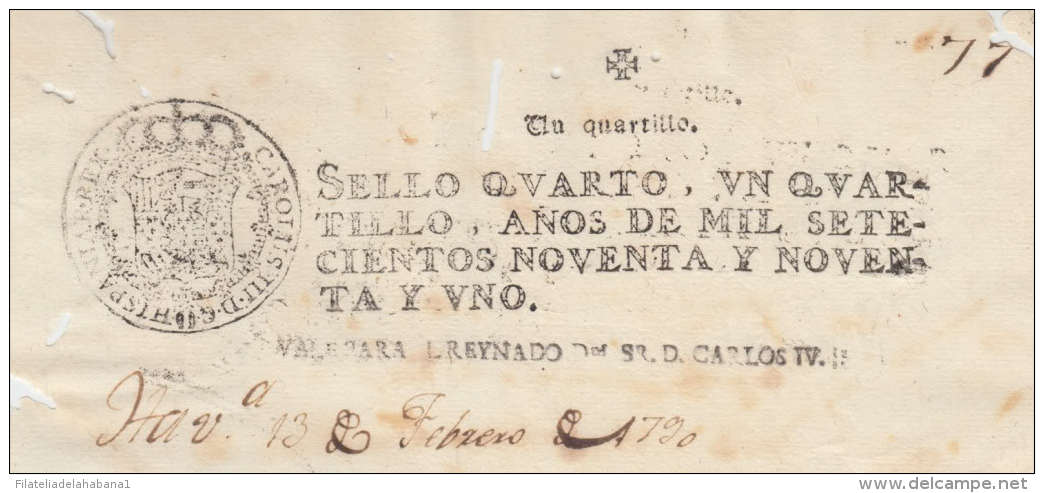 1790-PS-10 BX1057 CUBA SPAIN ESPAÑA SEALLED PAPER 1790-91 .SELLO CUARTO - Portomarken