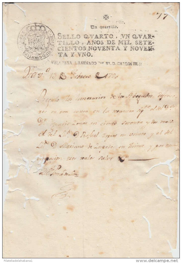 1790-PS-10 BX1057 CUBA SPAIN ESPAÑA SEALLED PAPER 1790-91 .SELLO CUARTO - Portomarken