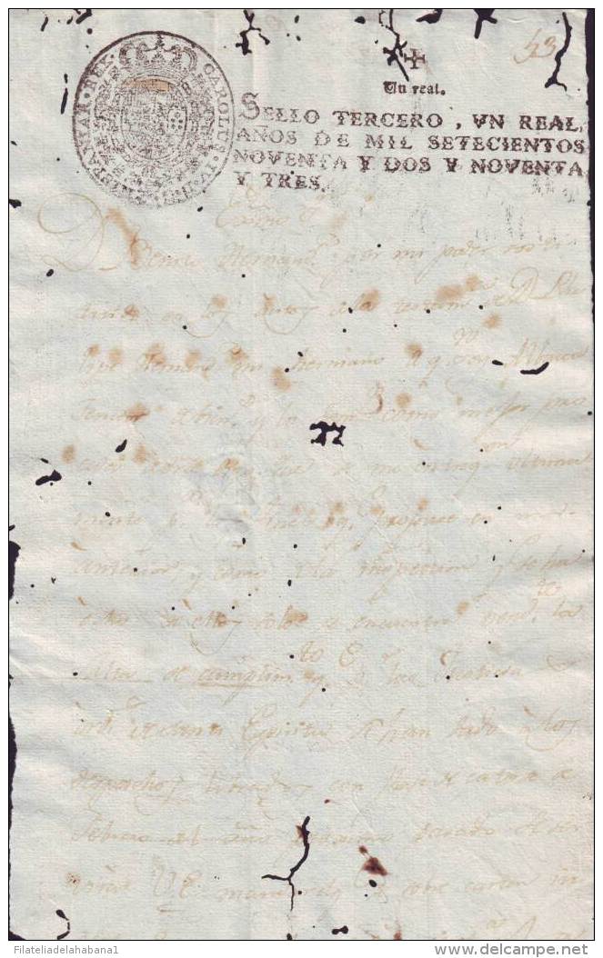 1792-PS-10 BX6603 CUBA SPAIN PUERTO RICO SEALLED PAPER 1792-3 4TO ESPAÑA PAPEL SELLADO - Strafport