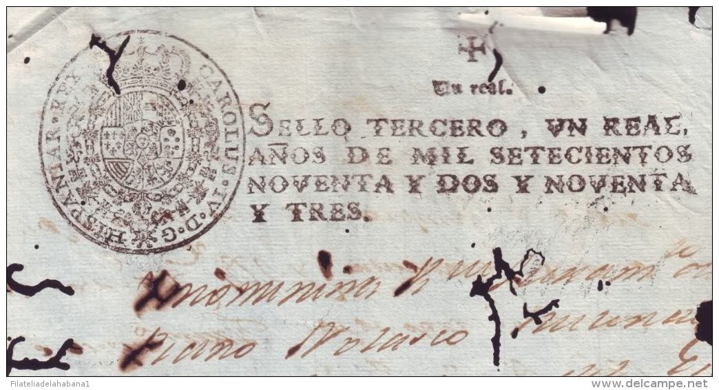 1792-PS-12 BX142 CUBA SPAIN ESPAÑA PAPEL SELLADO 1792-93 SELLO 3ro REVENUE PAPER - Strafport