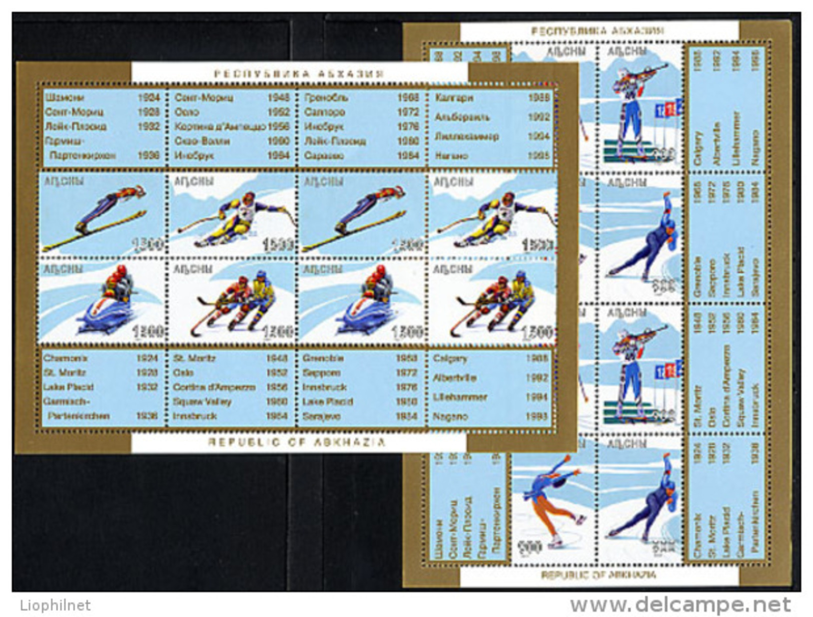 ABKHAZIE ABKHAZIA 1997, J.O. NAGANO, 2 Feuillets De 2 Séries De 4 Valeurs, Avec Liste Des Différents J.O. Hiver. R802 - Géorgie