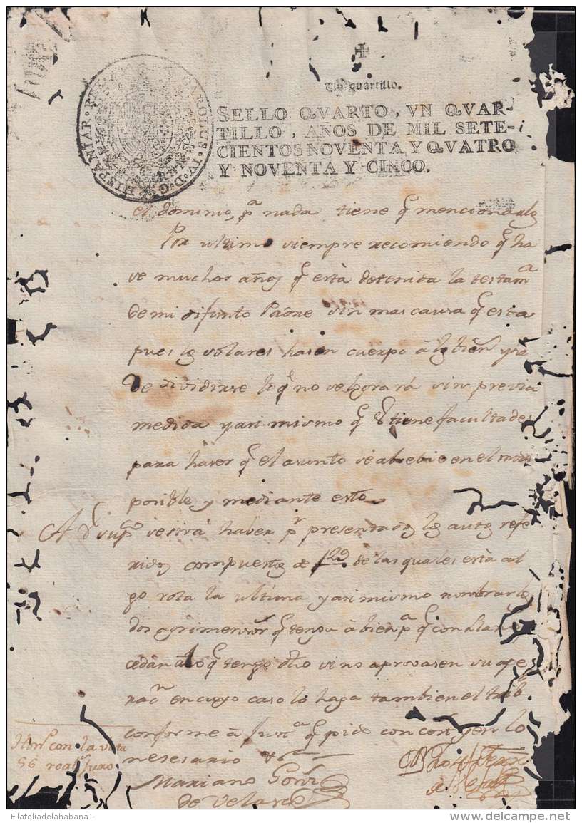 1794-PS-12 BX146 CUBA SPAIN ESPAÑA PAPEL SELLADO 1794-95 SELLO 4to REVENUE PAPER - Strafport