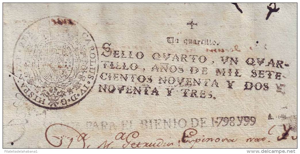 1798-PS-10 BX6607 CUBA SPAIN PUERTO RICO SEALLED PAPER 1798-9 4TO ESPAÑA PAPEL SELLADO - Strafport