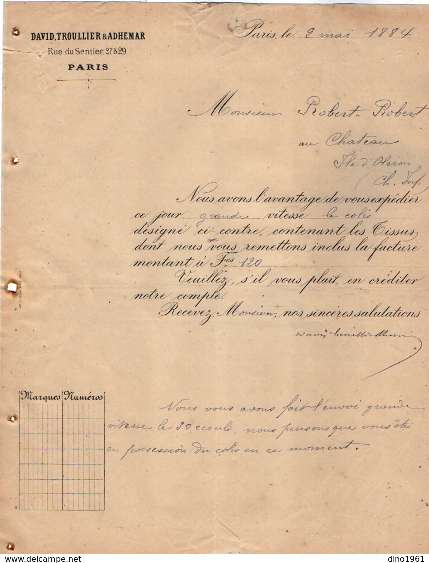 VP12.412 - Facture - DAVID, TROULLIER & ADHEMAR à PARIS - 1800 – 1899