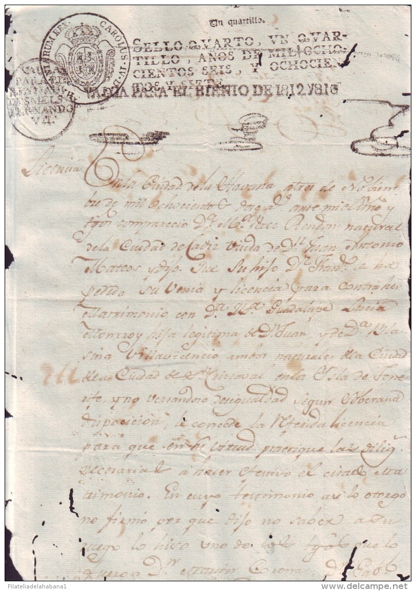 1812-PS-50 BX174 CUBA SPAIN ESPAÑA PAPEL SELLADO 1812-13 SELLO 4TOREVENUE PAPER "VALGA PARA EL REINADO DE FERNANDO VII" - Strafport