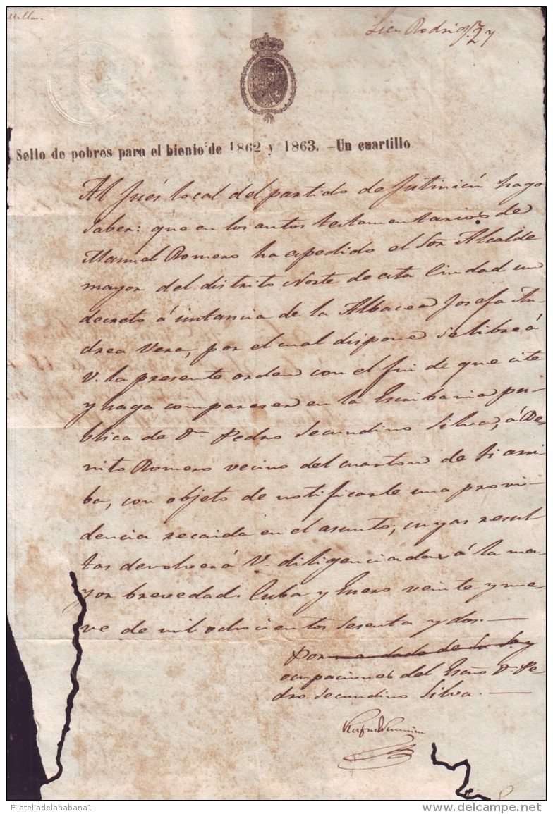 1862-PS-50 BX218 CUBA SPAIN ESPAÑA PAPEL SELLADO 1862-63 POBRES EMISION LOCAL. RARO. - Portomarken