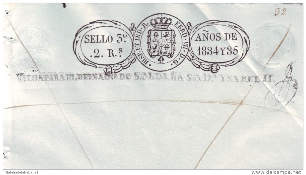 1834-PS-50 BX199 CUBA SPAIN ESPAÑA PAPEL SELLADO 1834-35 SELLO 3RO PUERTO RICO UNUSED SEALLED PAPER. RARE. HABILITADO IS - Strafport