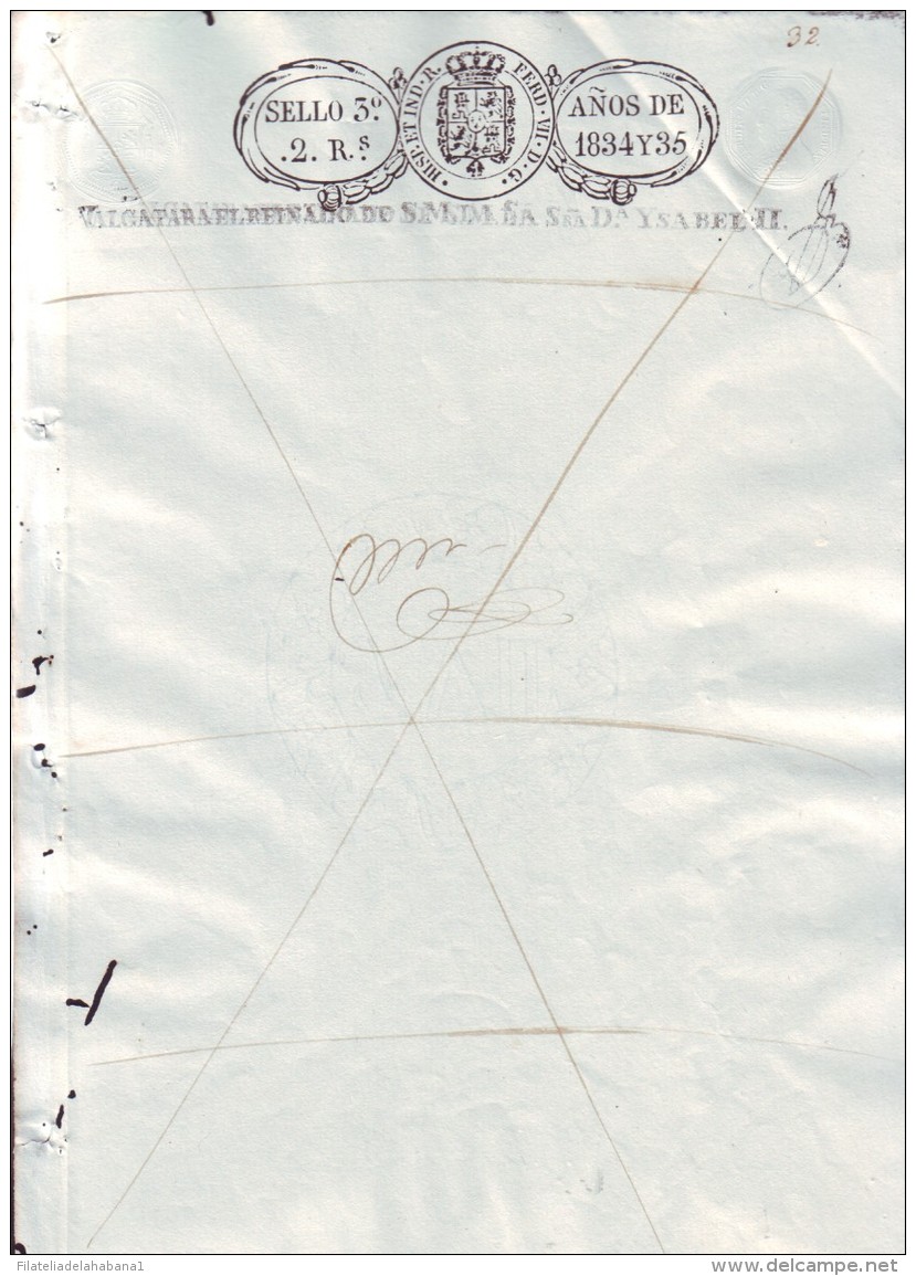 1834-PS-50 BX199 CUBA SPAIN ESPAÑA PAPEL SELLADO 1834-35 SELLO 3RO PUERTO RICO UNUSED SEALLED PAPER. RARE. HABILITADO IS - Strafport