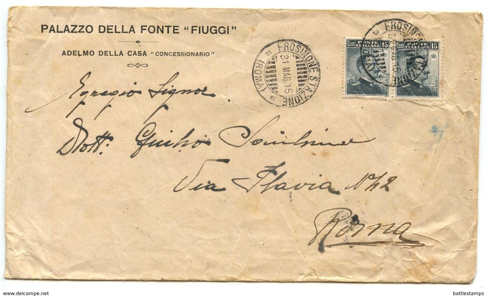 Italy 1915 Cover Rome, Palazzo Della Fonte “Fiuggi”, Scott 123 Victor Emmanuel III - Marcophilia