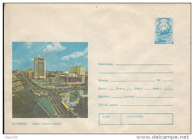 TOURISM, BUCHAREST INTERCONTINENTAL HOTEL, BUSS, CAR, COVER STATIONERY, ENTIER POSTAL, 1976, ROMANIA - Hotel- & Gaststättengewerbe