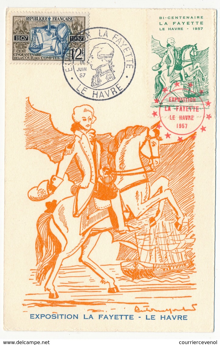 Vignette "Bicentenaire La Fayette - Le Havre 1957" Sur Carte Postale Philatélique, Obl Temporaire Exposition Lafayette - Covers & Documents