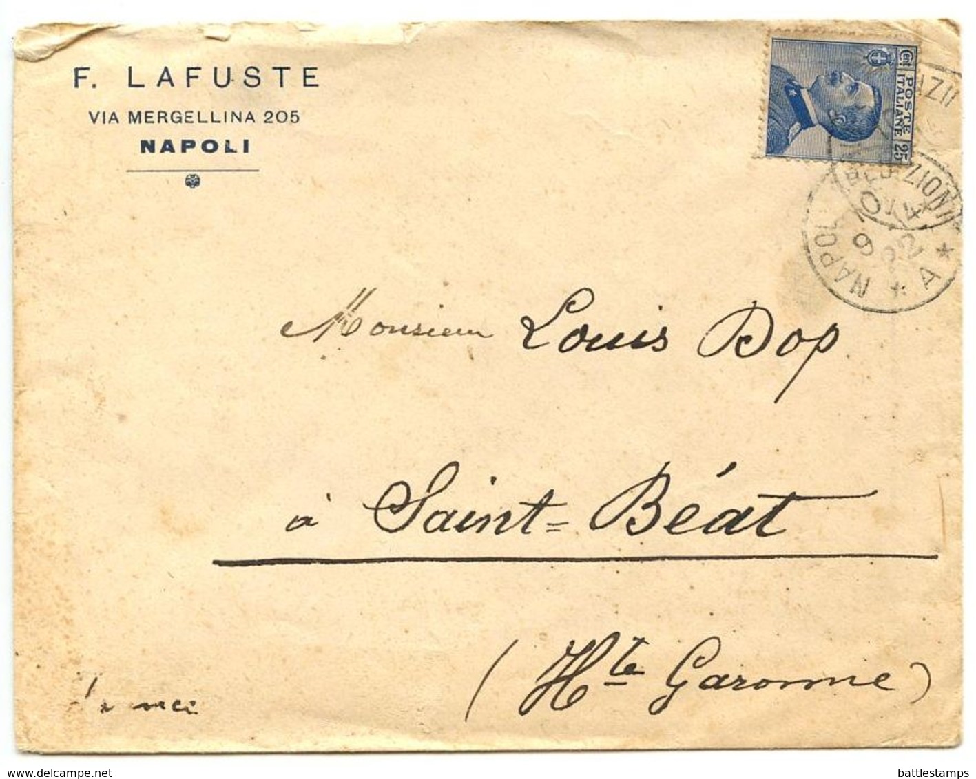 Italy 1922 Cover Naples To Saint-Béat France, Scott 100 Victor Emmanuel III - Marcophilia