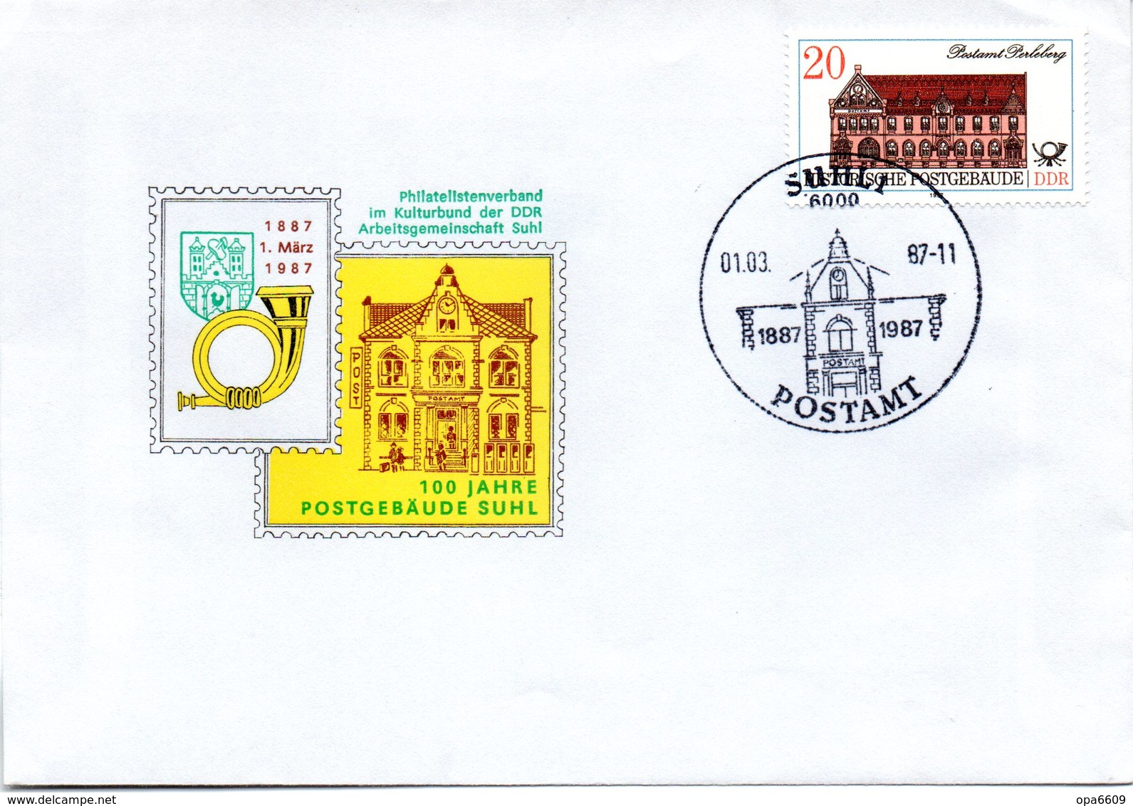 (DDR-B2) DDR Sonderumschlag EF Mi 3068 "100 Jahre Postgebäude SUHL" SSt 1.3.1987 SUHL 1 - Post