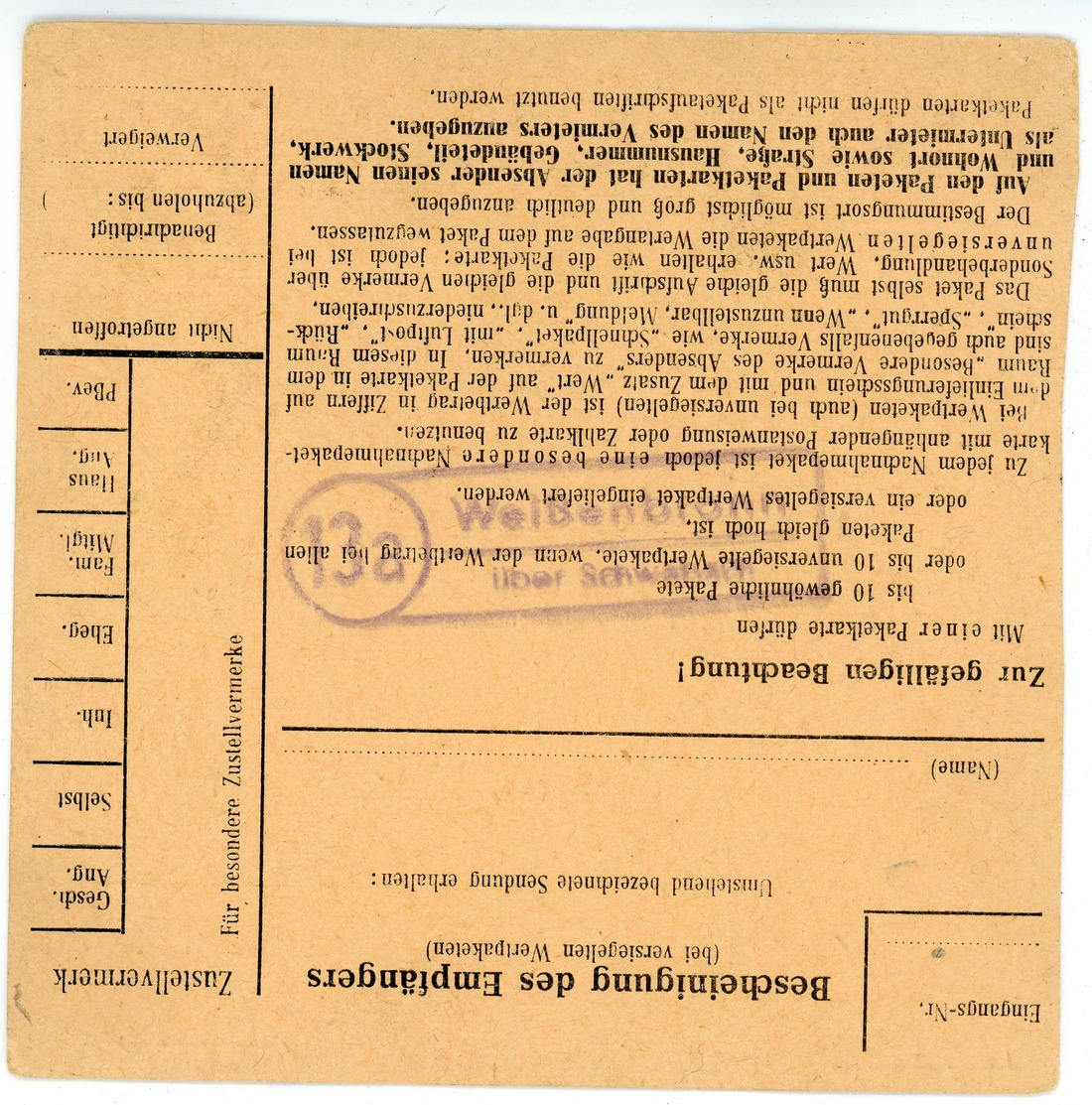 Landpoststempel "Weißenbronn über Schwabach" Paketkarte Nach Burghausen 1961 - Maschinenstempel (EMA)