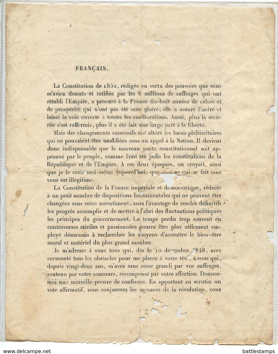 France 1870 Proclamation De L'Empereur Napoléon, Constitutional Referendum Vote - Historical Documents