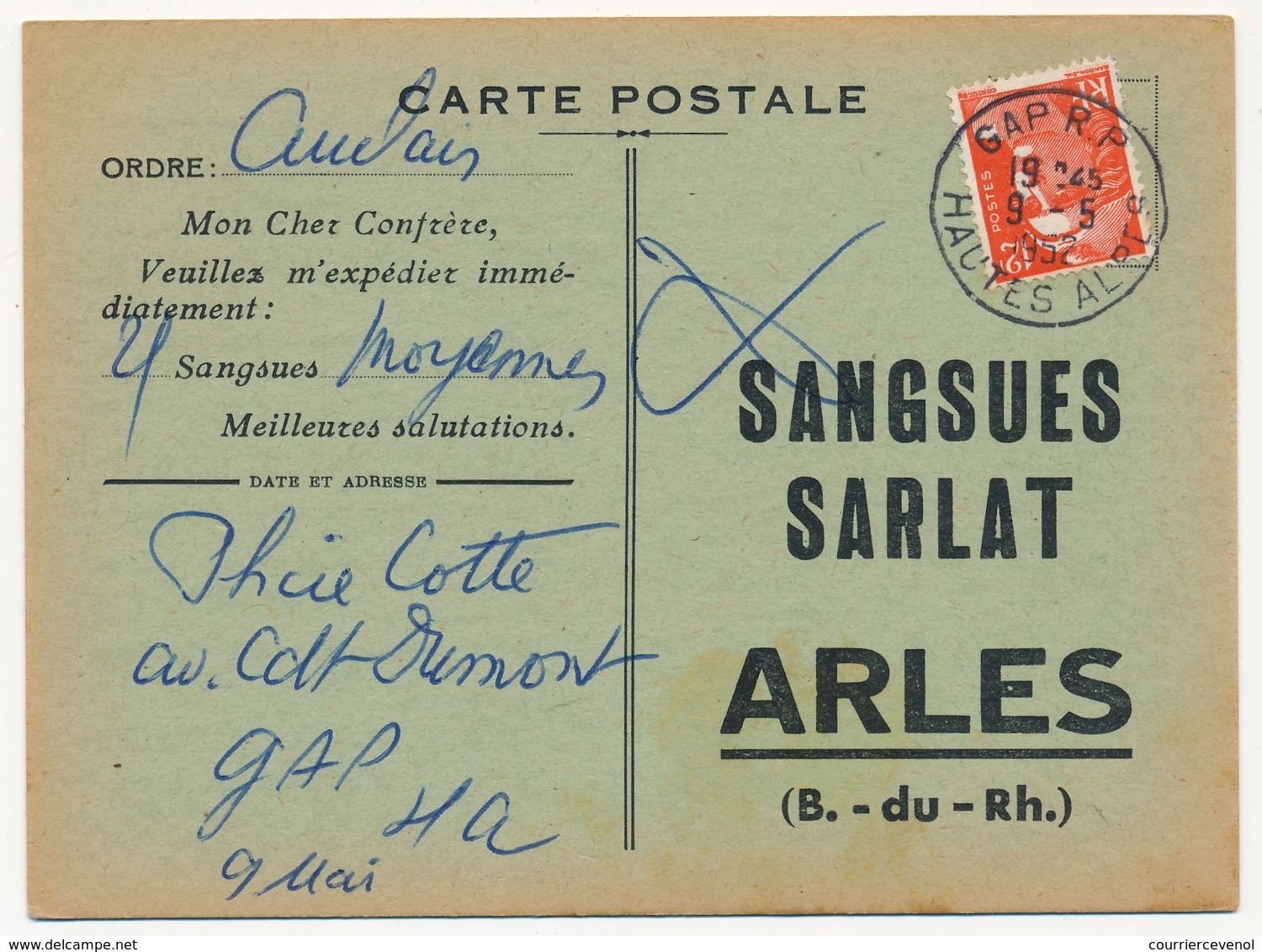 CP Bon De Commande SANGSUES SARLAT / ARLES (B Du R) Affr 12F Gandon - Oblit Avignon RP 9/05/1952 - Storia Postale