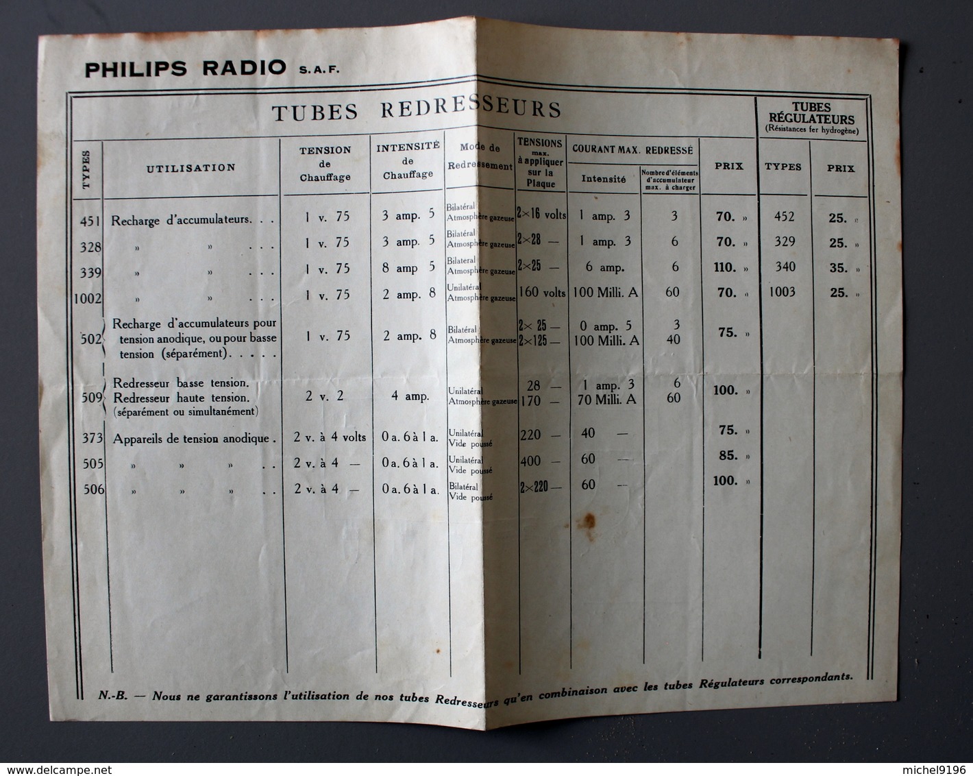 Tarif Tubes Redresseurs Philips Radio - Matériel Et Accessoires