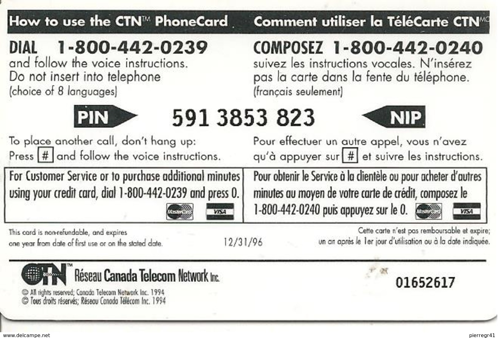 CARTE-µ-PREPAYEE-CTN WORLDWIDE-20$-1996-GRATTE-TBE- - Canada