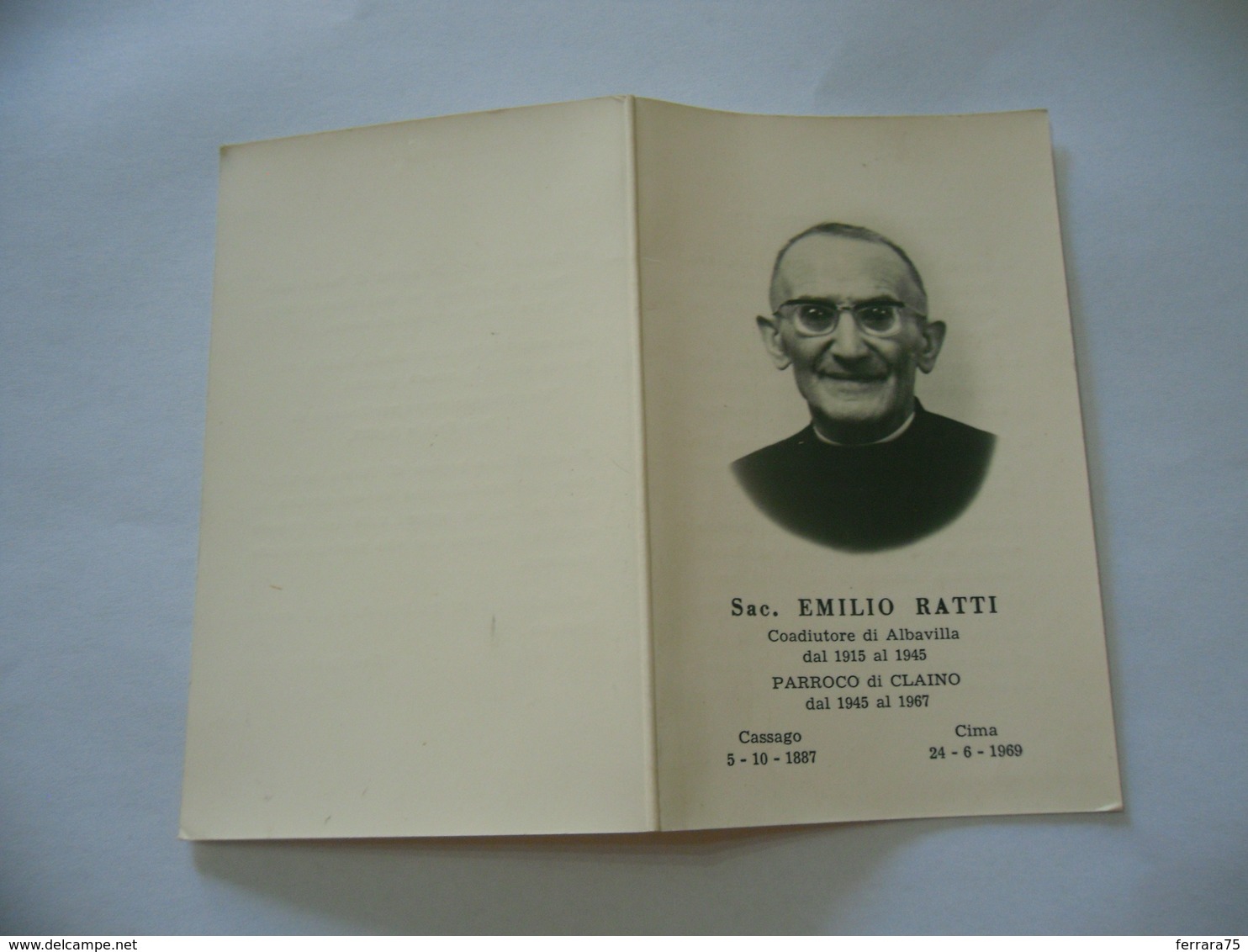 LUTTINO DEATH CARD  SACERDOTE EMILIO RATTI ALBAVILLA PARROCO DI CLAINO COMO 1969 - Religion & Esotericism