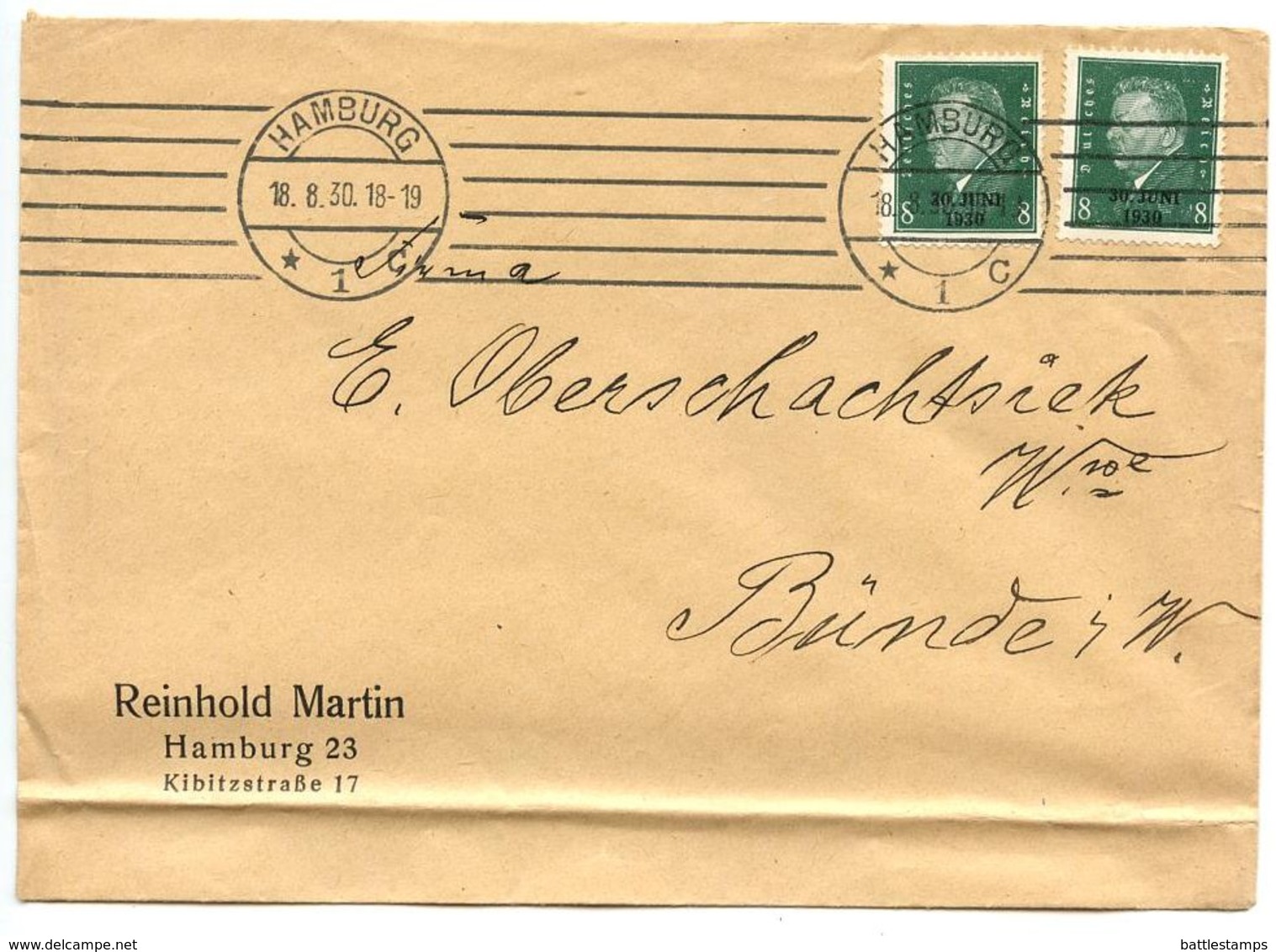 Germany 1930 Cover Hamburg To Bünde, Scott 385 8pf. Ebert X 2 - Covers & Documents