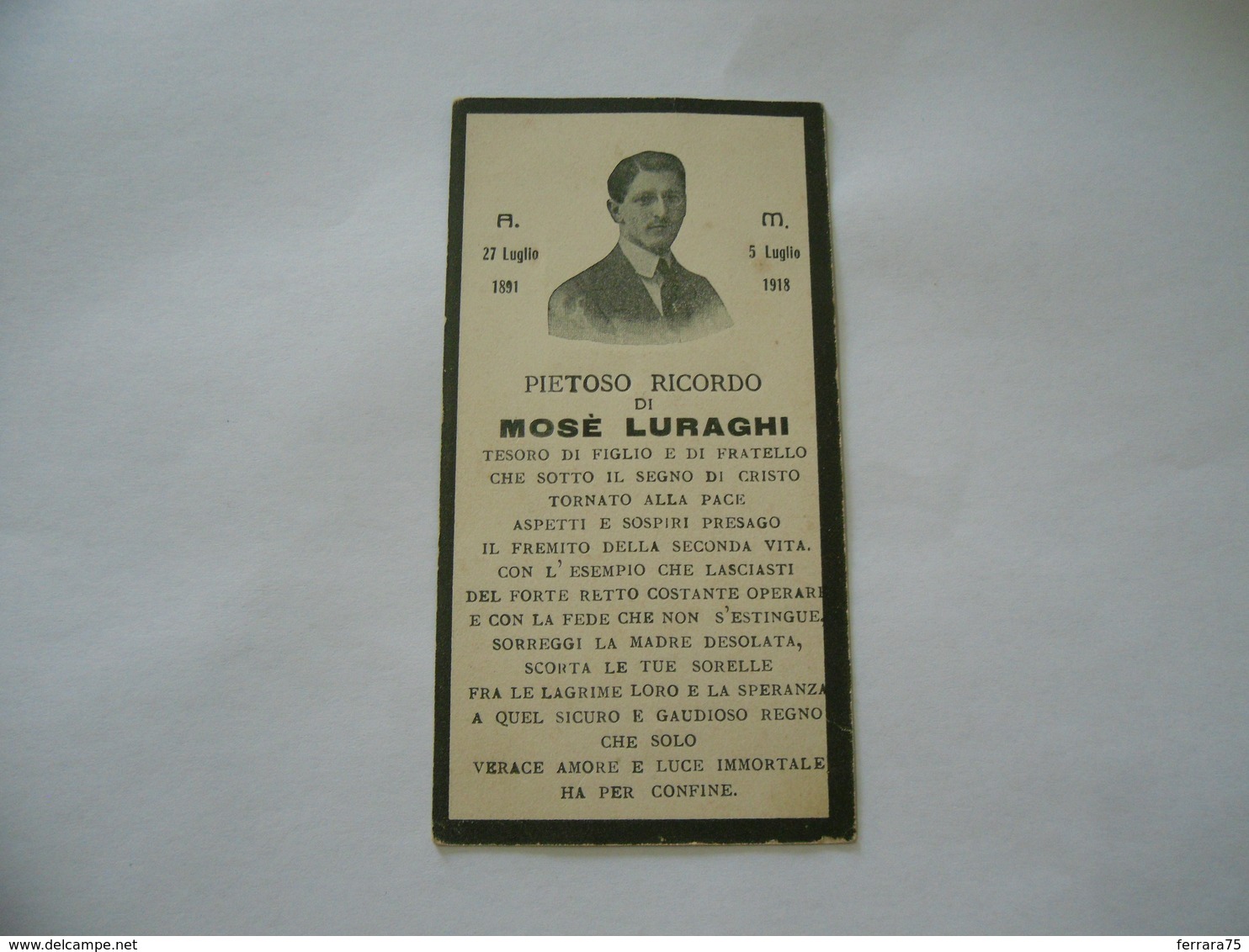 WW1 LUTTINO DEATH CARD  MOSè LURAGHI 1918 - Religione & Esoterismo