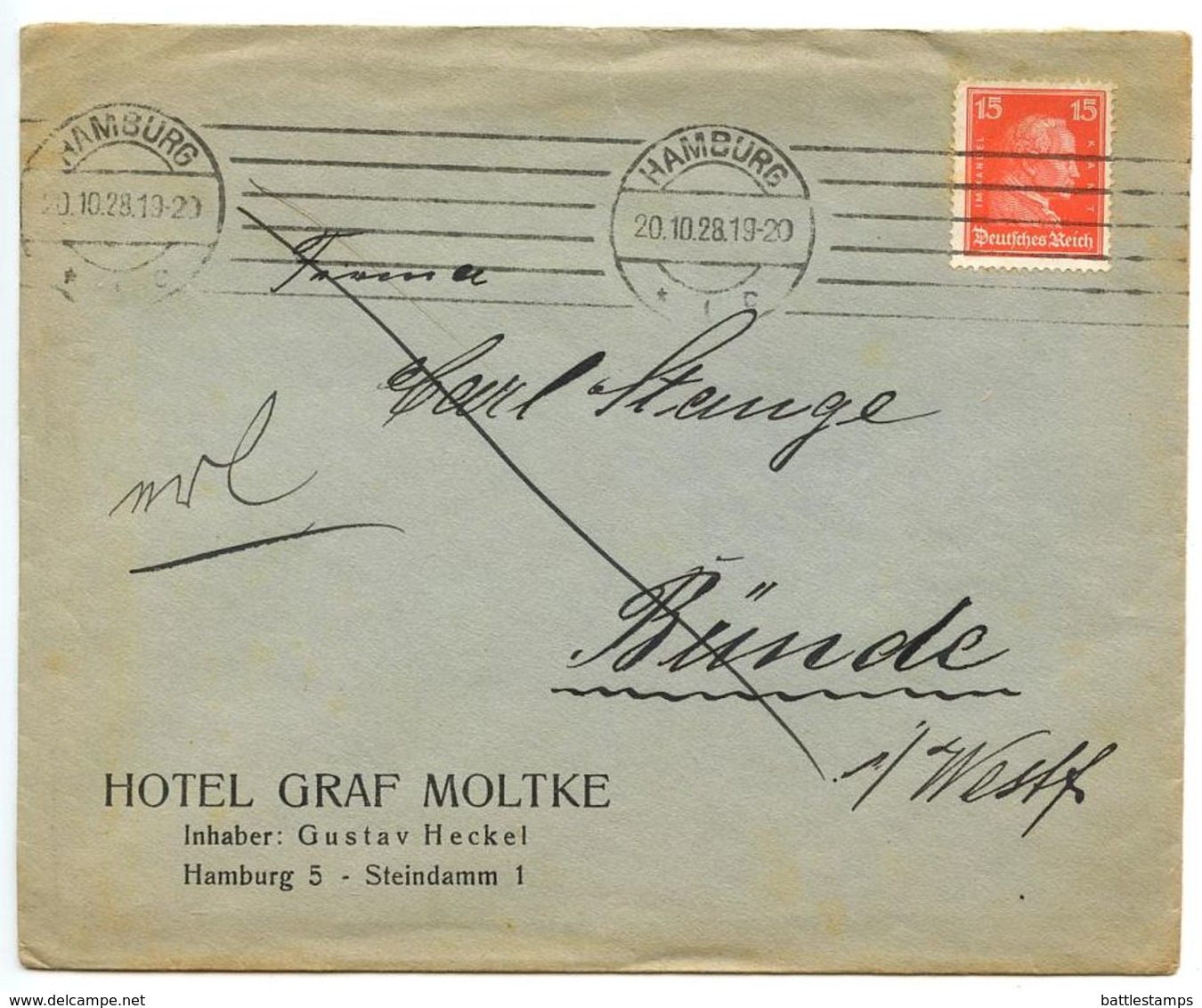 Germany 1928 Cover Hamburg - Hotel Graf Moltke To Bünde, Scott 356 - Covers & Documents