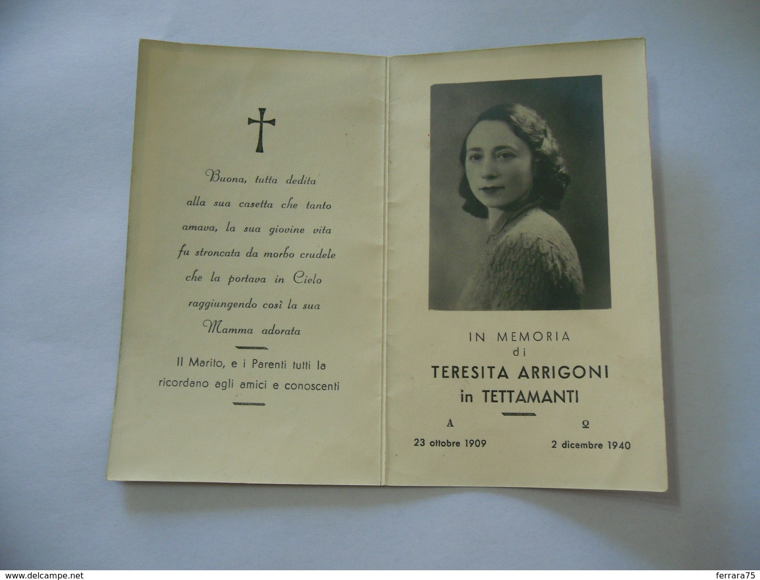 WW2  LUTTINO DEATH CARD  TERESITA ARRIGONI 1940 - Religione & Esoterismo